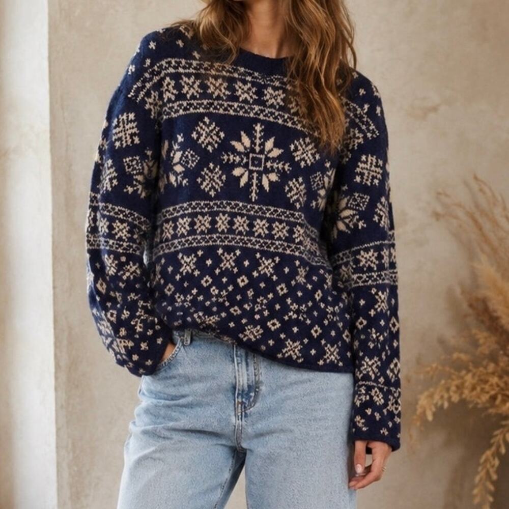 J. Crew | VTG 80’s/90’s FLAWED Green Fair Isle 100% Wool Crewneck Sweater Knit